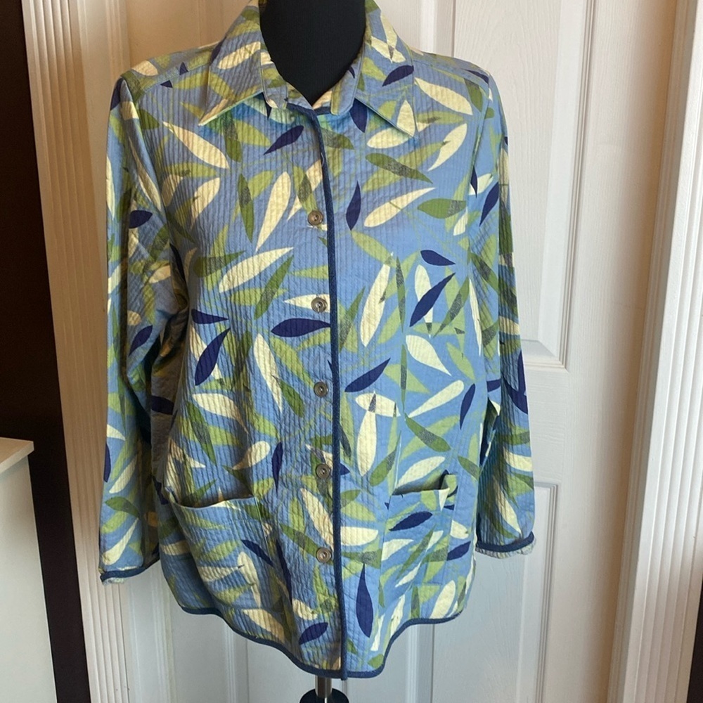 Alfred Dunner Women’s Button Front Jacket Blue w Green & White Leaves sz 14 NWOT